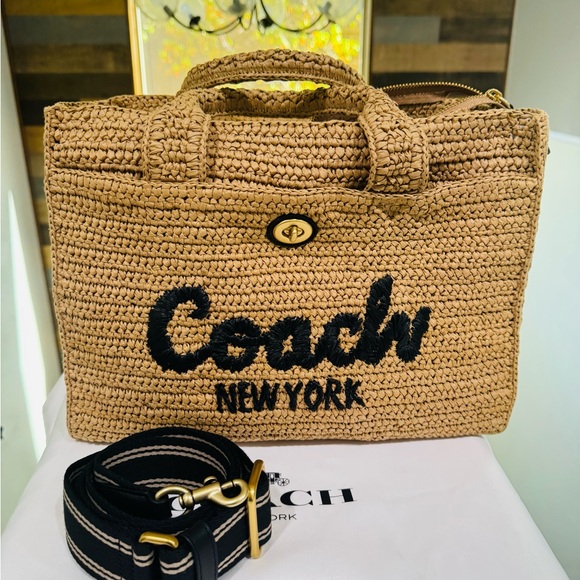 Coach Handbags - Coach Woven Straw Tote in Tan with Black Logo